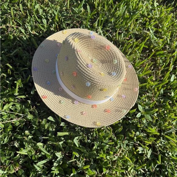 Womens Summer Hat - White Trim - Floral Hand Sewn Beads - BRAND NEW main image 4